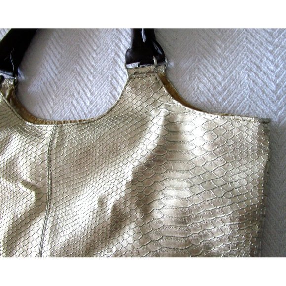 Neiman Marcus Tote-Large Shiny Gold Metallic Faux Snake Skin-Carry All Purse Bag - Picture 5 of 16